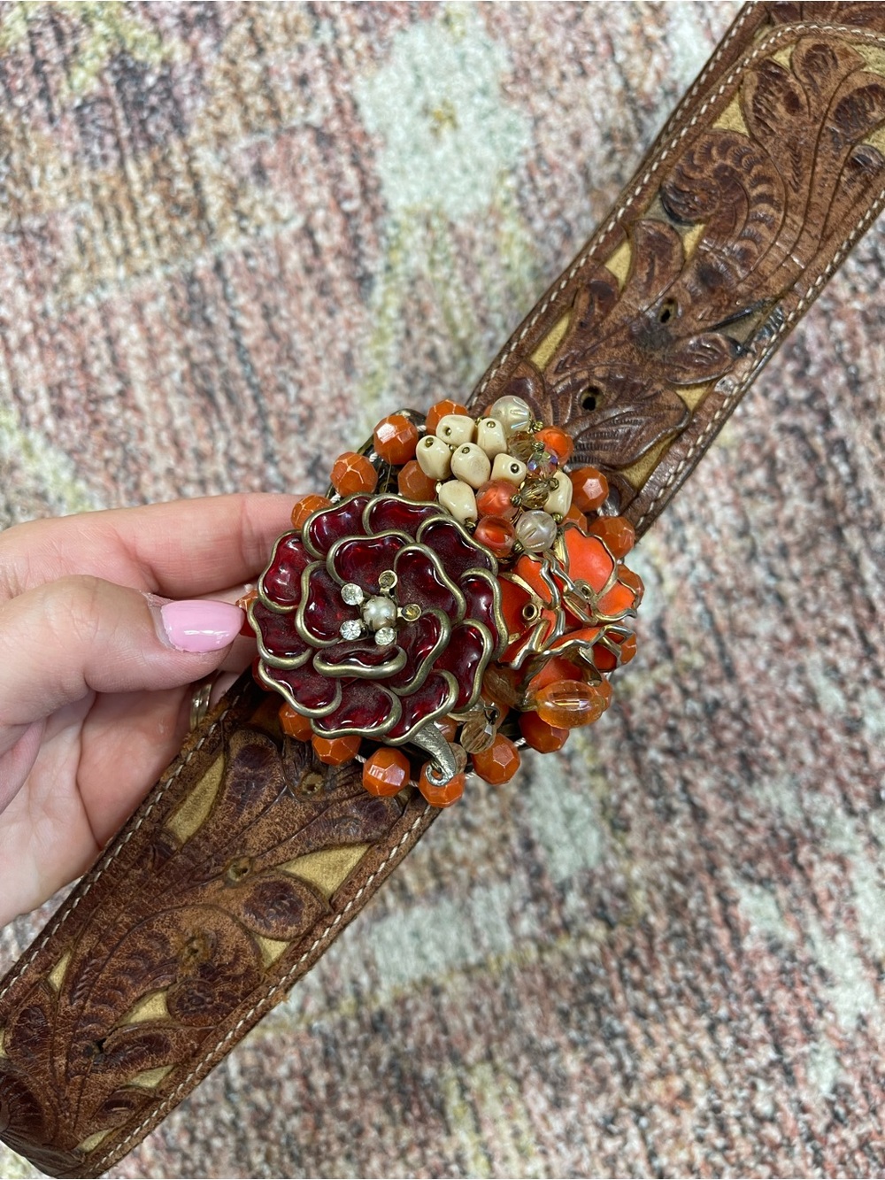 Vintage Western Tooled Leather Beaded Belt Boho Cowgirl